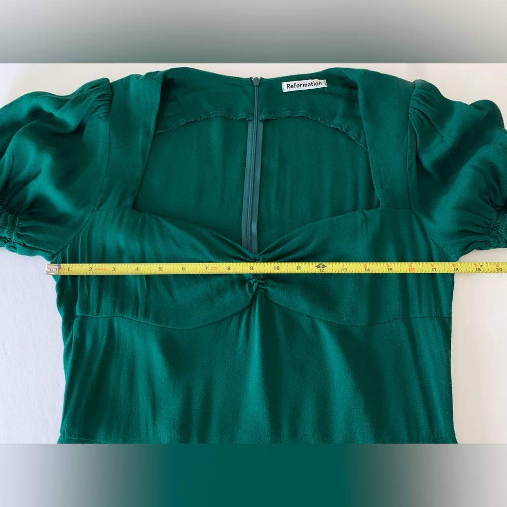 Reformation Womens Lacey Dress Size 12 Emerald Green Puff Sleeve Midi Retro - Picture 7 of 10